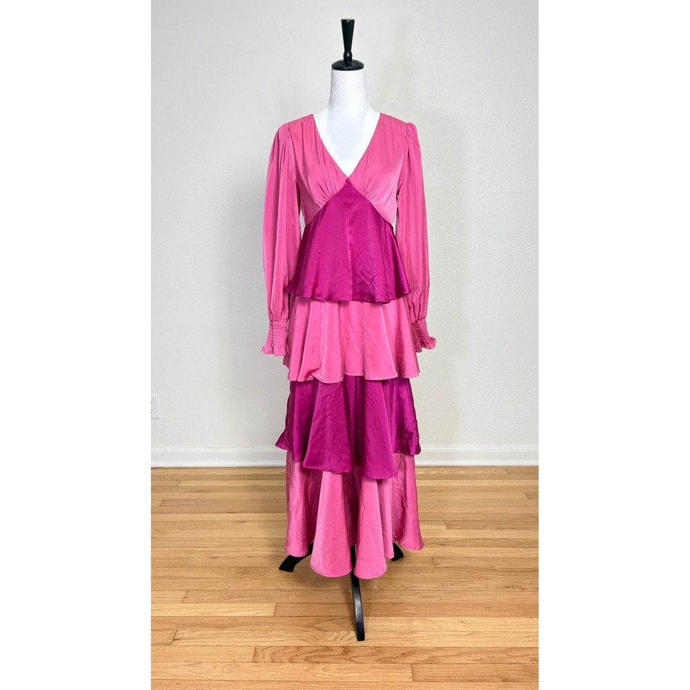 Peach Love Pink Colorblock Tiered Balloon Sleeve Maxi Dress Size Small Wedding